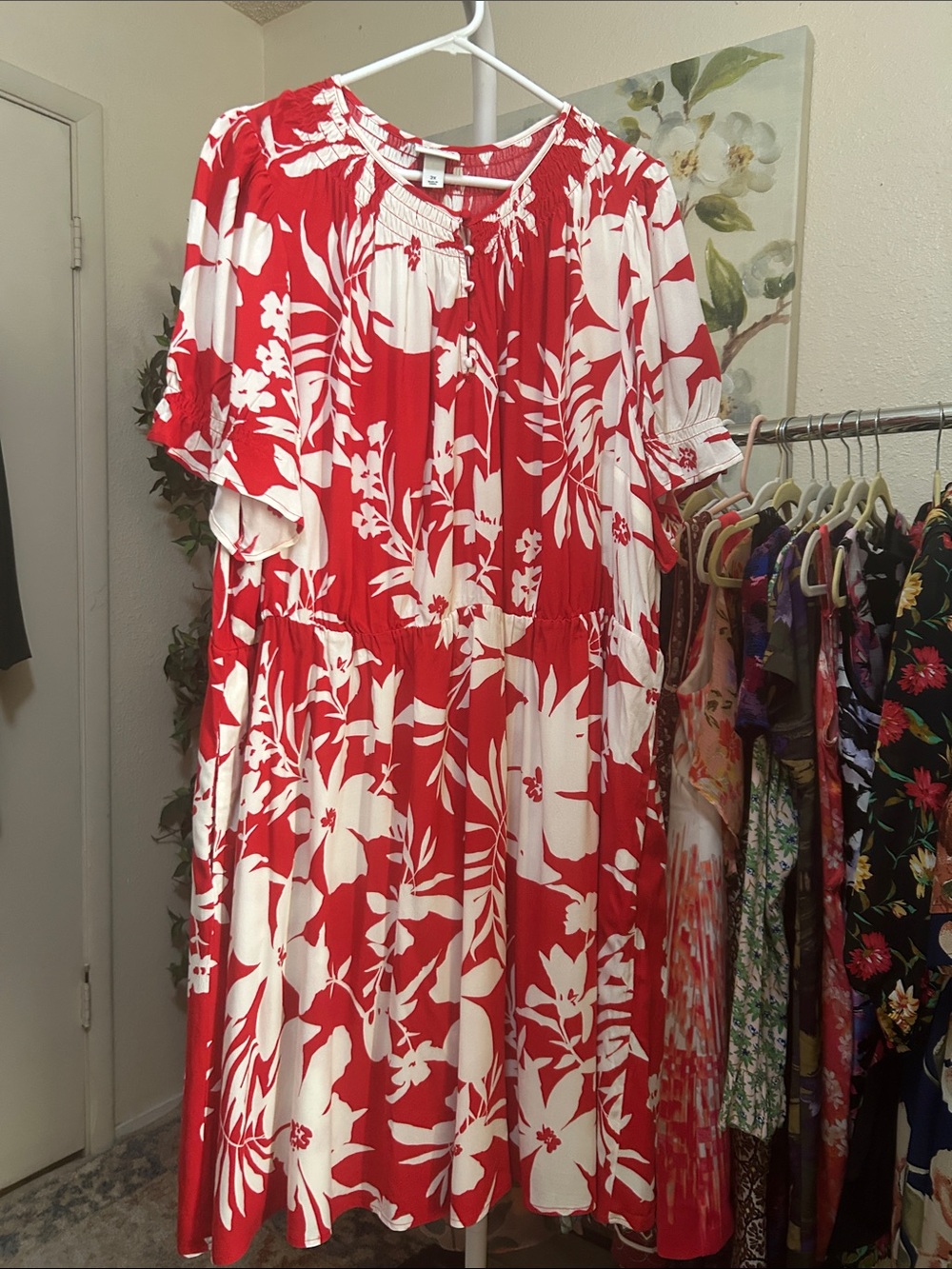 Red and White Floral Midi Dress with Smocked Waist - Women’s Summer Dress